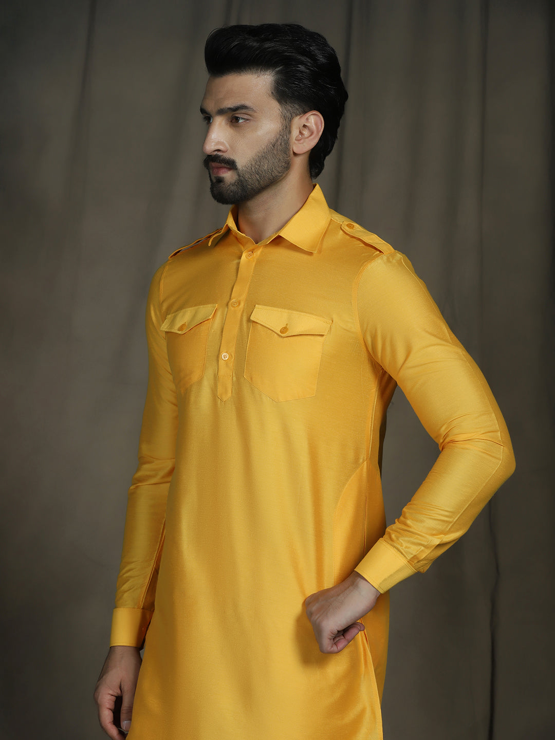 Zavaya Yellow Plain Polyester Viscose Kurta Salwar Set for Men - Dista