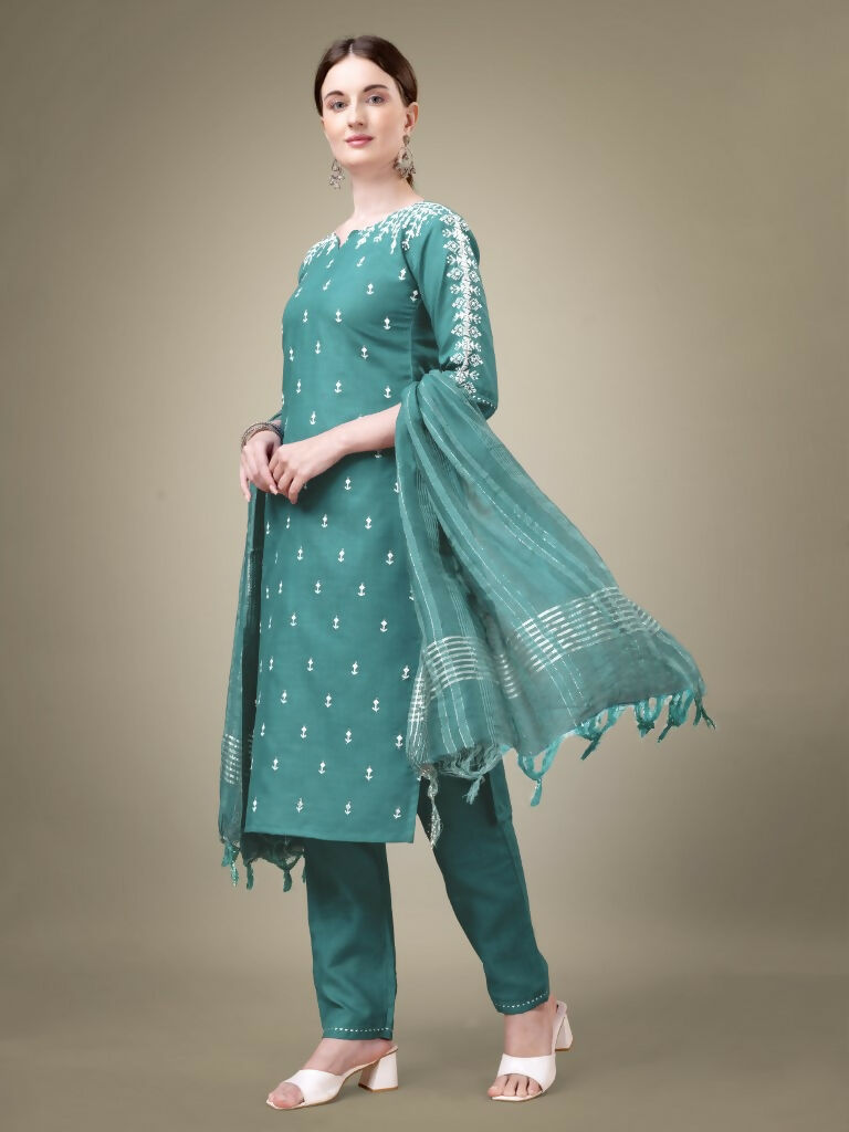Jyoti Fashion Women's Teal Cotton Blend Embroidery & Sequence work Kurta with Trouser & Dupatta - Distacart