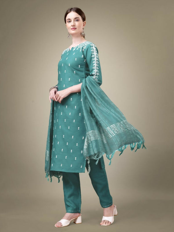 Jyoti Fashion Women's Teal Cotton Blend Embroidery & Sequence work Kurta with Trouser & Dupatta - Distacart