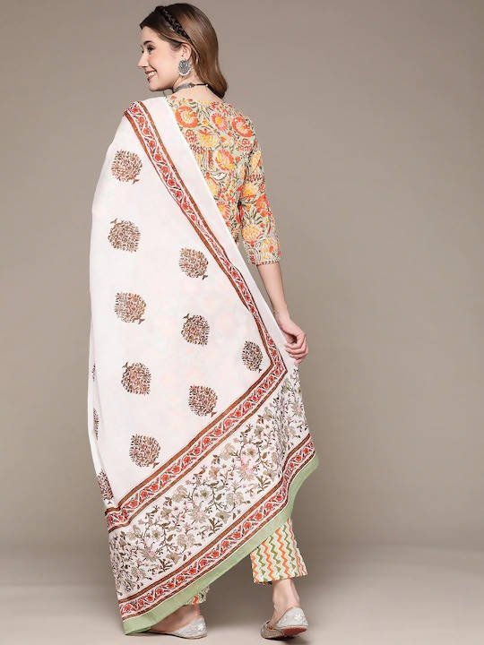 Anubhutee Green Floral Printed Sequinned Pure Cotton Kurta with Trousers & Dupatta - Distacart