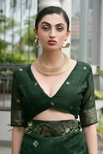 Thumbnail for Vishnu Weaves Women's Green Linen Silk Zari Weaving Saree with Blouse