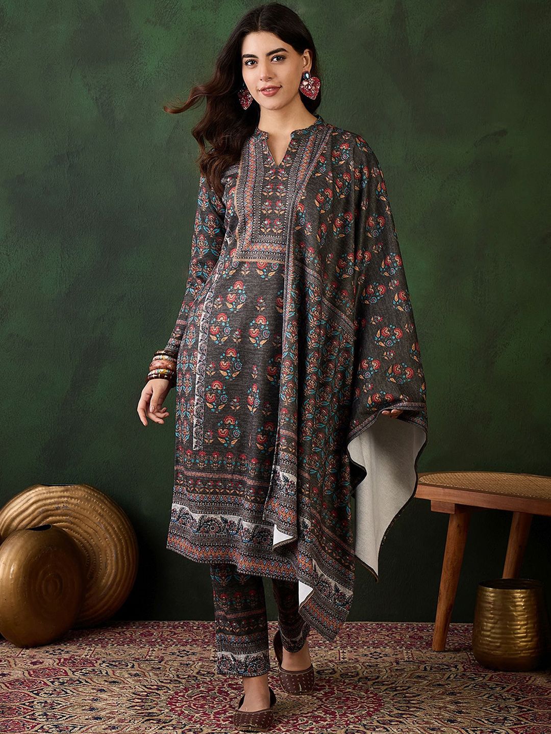 Sangria Self Design Winter Pashmina Straight Kurta & Trouser With Dupatta - Distacart