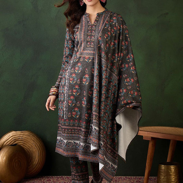 Sangria Self Design Winter Pashmina Straight Kurta & Trouser With Dupatta - Distacart