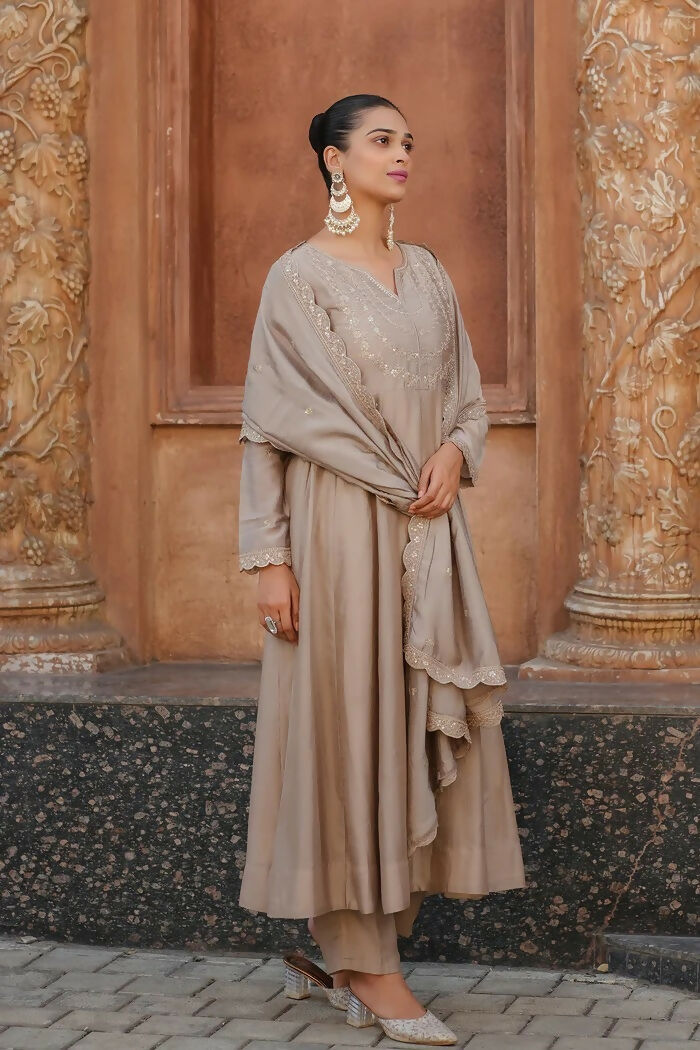 The52 Brown Women's Gorgeous Vichitra Silk Fabric Embroidered Work Flared Anarkali Pant and Dupatta Set