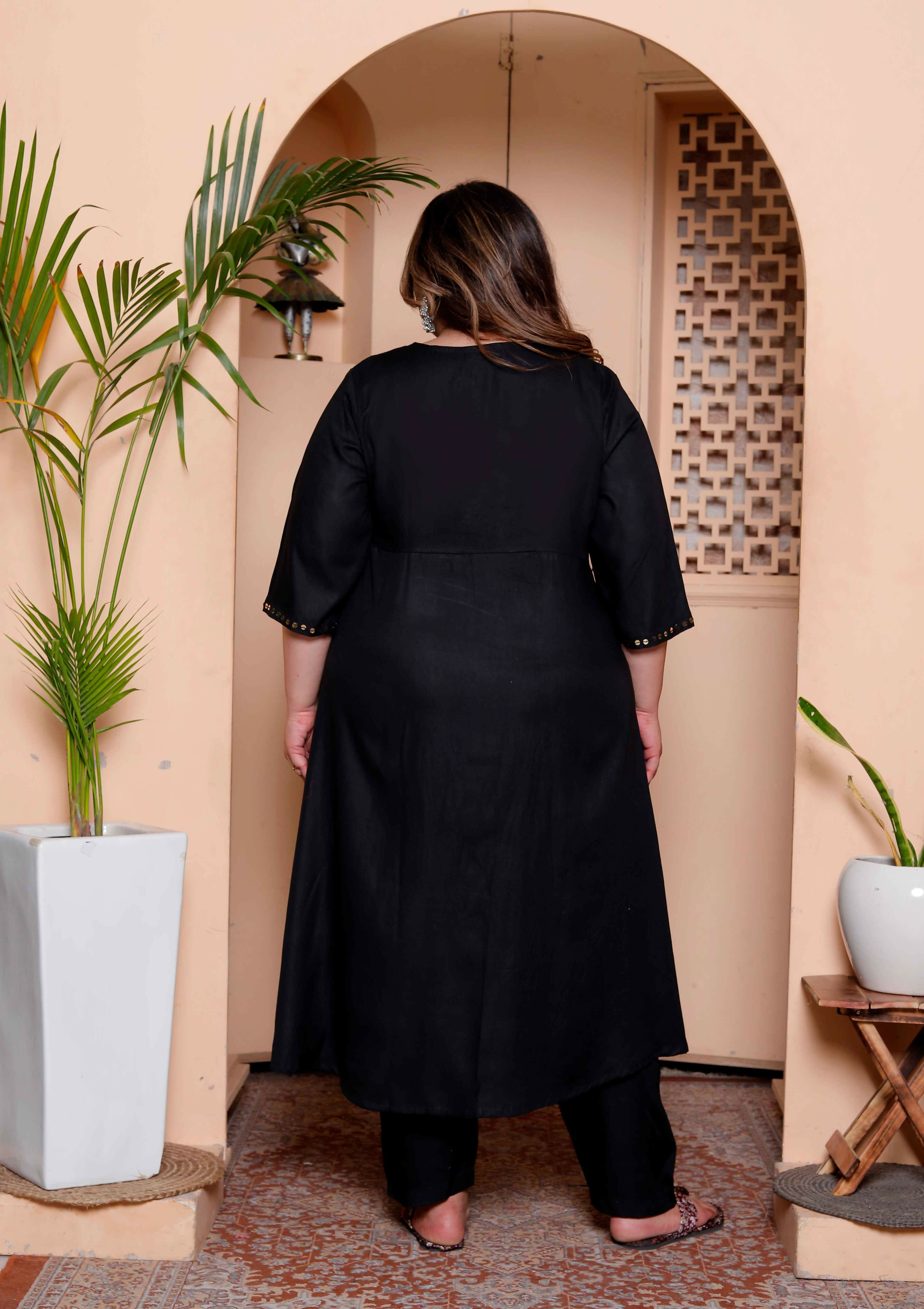 Miravan Womens Plus Size Black Mirror work Angrakha Kurta and Palazzo Set - Distacart