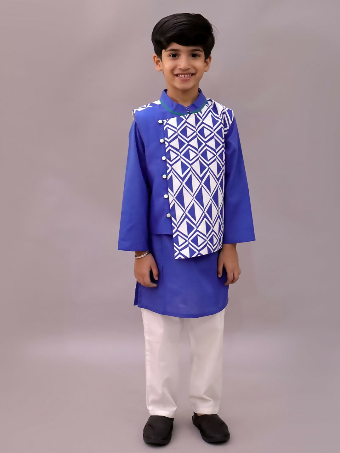 Lil Drama Shor-Gul Blue Kurta Pyjama with Jacket Set For Boys