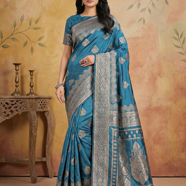 Shree Shyam Fashion Teal Silk Blend Saree - Distacart