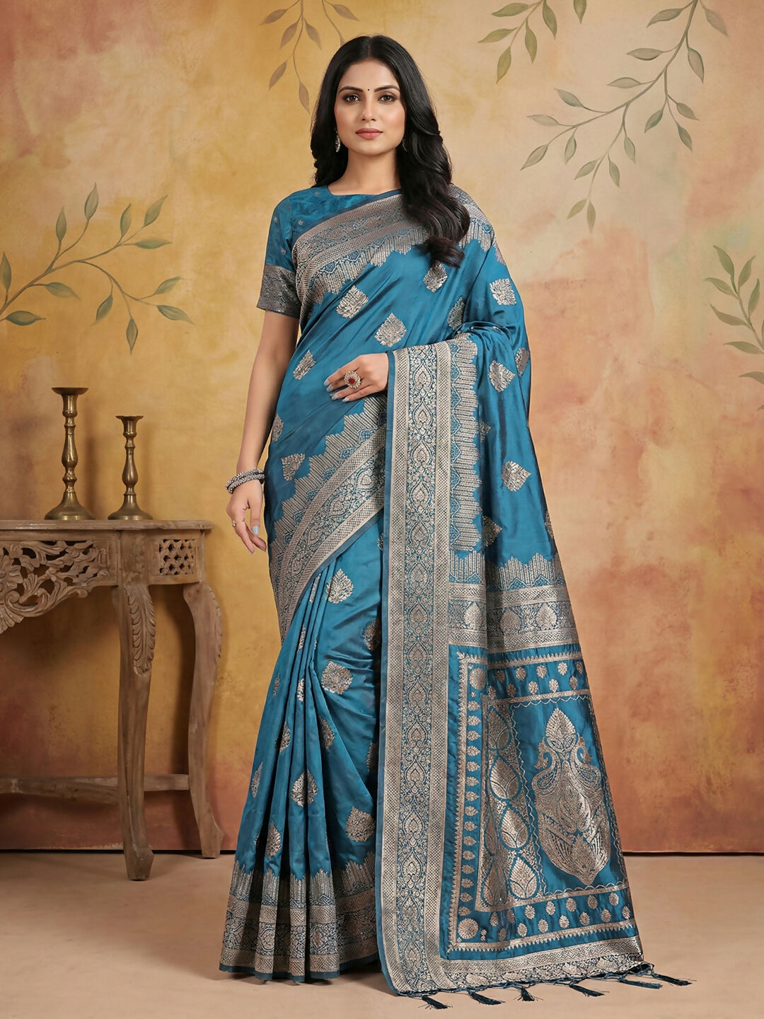 Shree Shyam Fashion Teal Silk Blend Saree - Distacart
