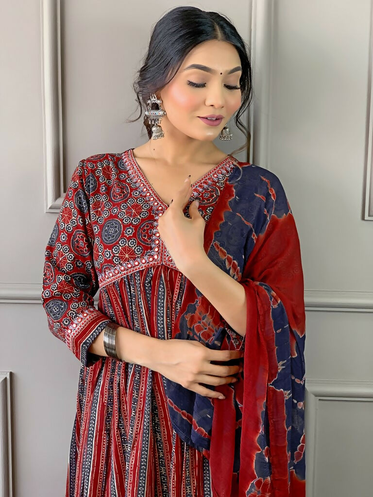 Partywear Designer Cotton Maroon Stitched Suit With Dupatta - Tanisha - Distacart