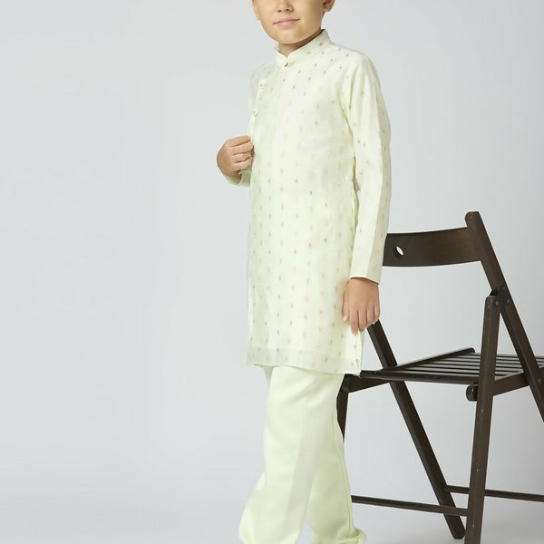 Joban Fashion Kids Island Full Sleeves Chanderi Kurta, Pyjama Set with Traditional Butta Work - Pista - Distacart