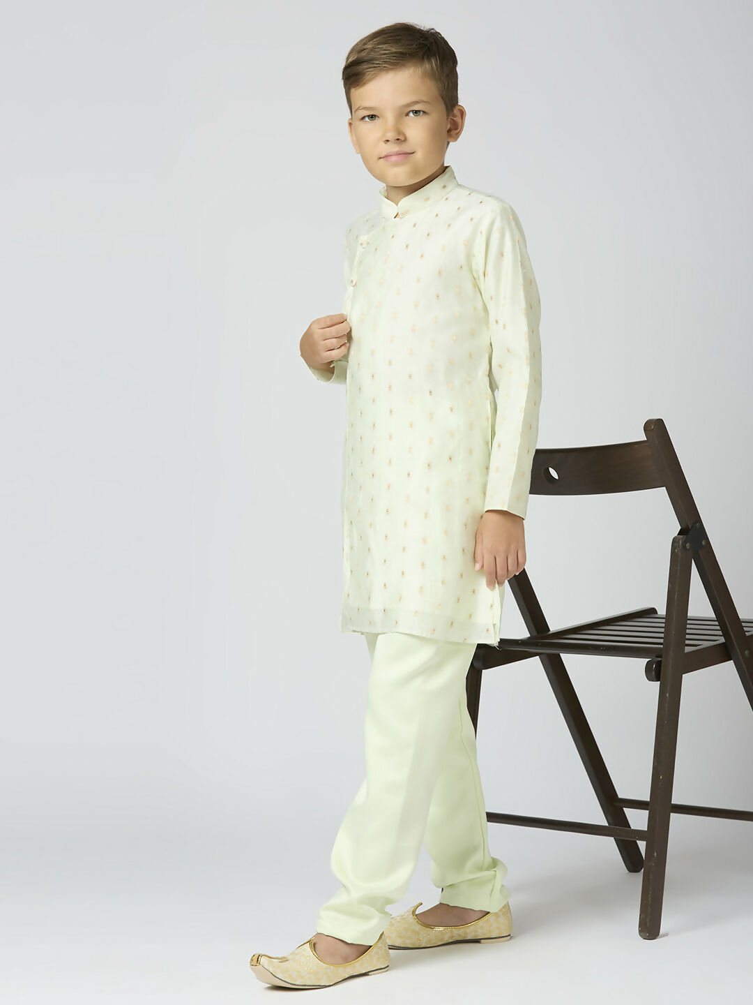 Joban Fashion Kids Island Full Sleeves Chanderi Kurta, Pyjama Set with Traditional Butta Work - Pista - Distacart