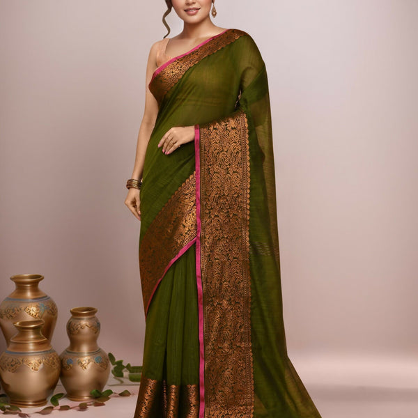 Joban Fashion Mehndi Green Cotton Blend Handloom Saree - Dista