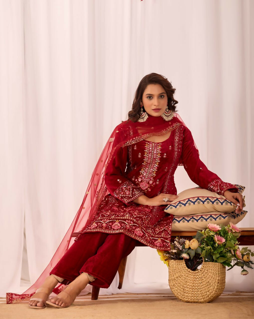 Joban Fashion Red Kurta Set Velvet Embroidery Sequence Work - Distacart
