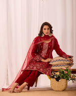 Thumbnail for Joban Fashion Red Kurta Set Velvet Embroidery Sequence Work - Distacart