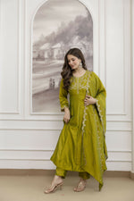 Thumbnail for The52 Light Green Women's Beautiful Vichitra Silk Fabric Embroidered Work Flared Anarkali Pant and Dupatta Set - Distacart