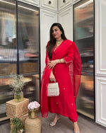 Thumbnail for The52 Red Beautiful Embroidered Rayon Fabric Straight Kurta Pant with Dupatta Set - Distacart