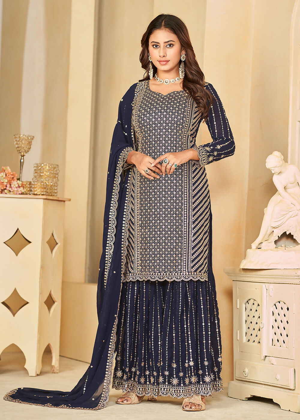 Mesmeric Blue Faux Georgette Palazzo Suit with Embroidery - Emponline - Distacart