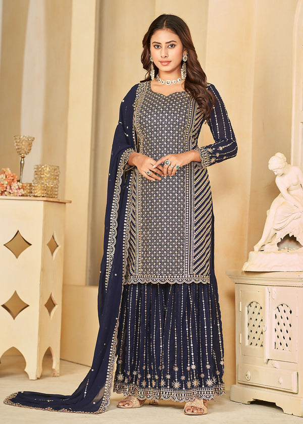 Mesmeric Blue Faux Georgette Palazzo Suit with Embroidery - Emponline - Distacart