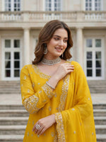 Thumbnail for Teeya Creation Yellow Chinon Silk Embroidery Work Party Wear Palazzo Pair - Distacart