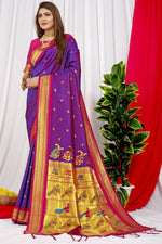 Thumbnail for Jyoti Fashion Women's Purple Paithani Silk Zari Woven Saree with Blouse - Distacart