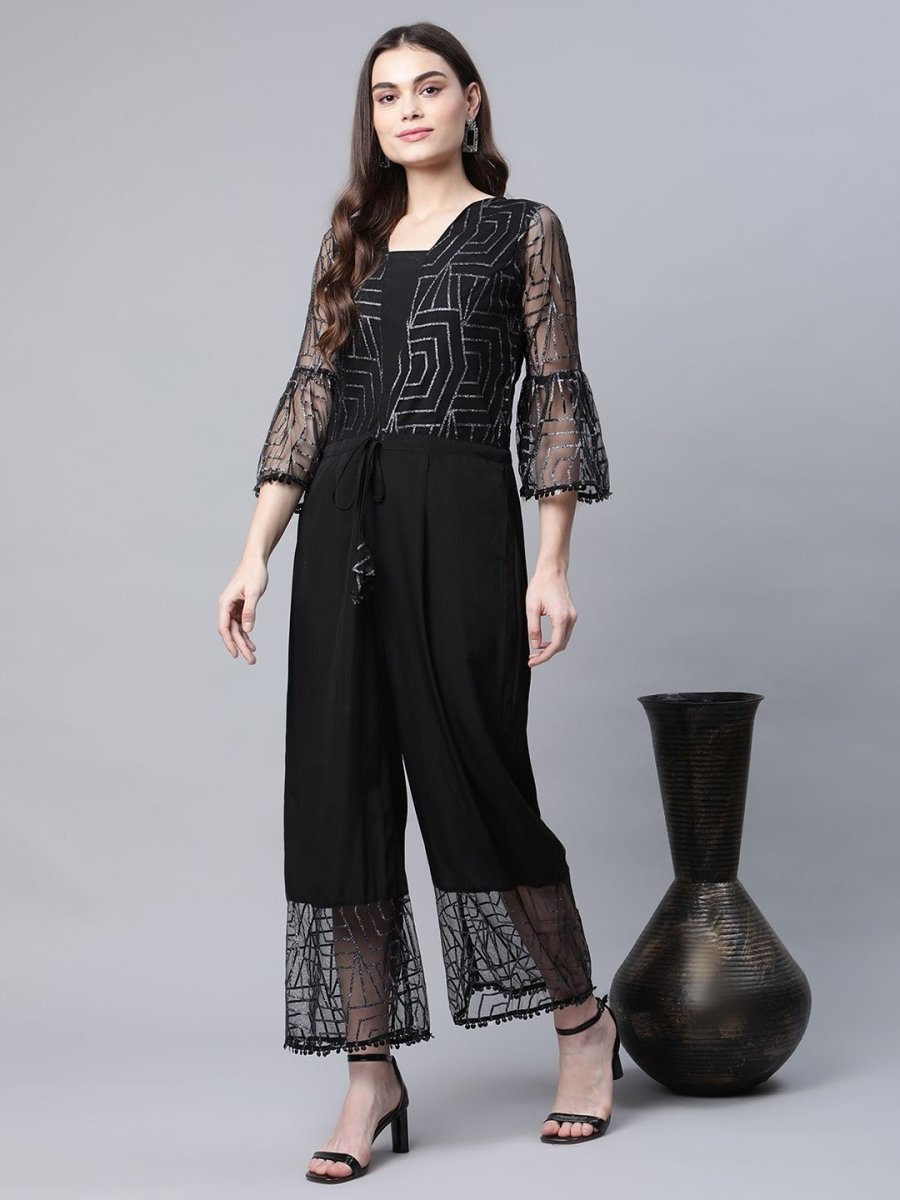 Ahalyaa Womens Crepe & Net Black Printed Jumpsuit - Distacart