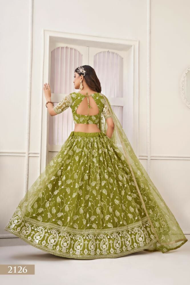 Aastha Fashion Olive Green Butterfly Net White Cotton Thread Work And Sequence Work Embroidery Wedding Wear Lehenga Choli - Distacart