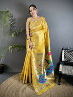Thumbnail for Joban Fashion Yellow Peacock & Floral Motifs Tissue Paithani Saree - Distacart