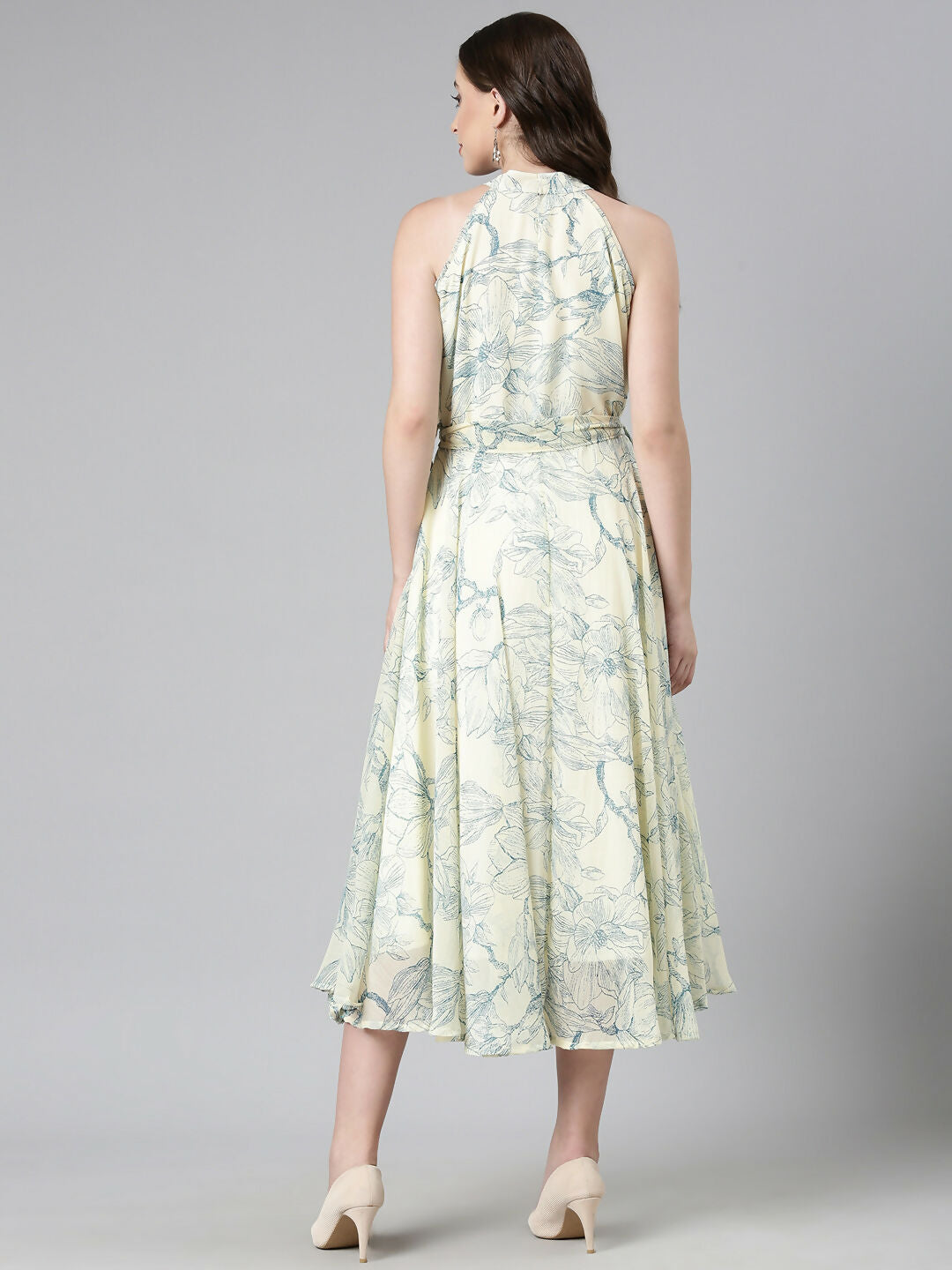 Souchii Cream & Blue Floral Chiffon Maxi Dress