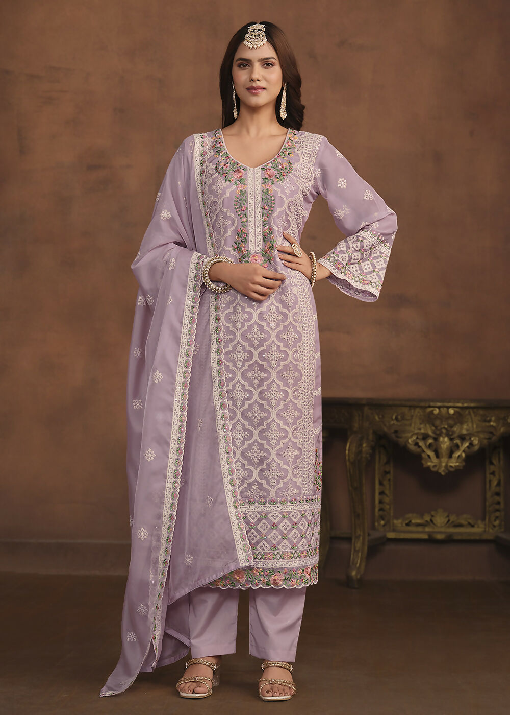 Lavender Soft Organza Embroidered Festive Salwar Suit - Emponline - Distacart