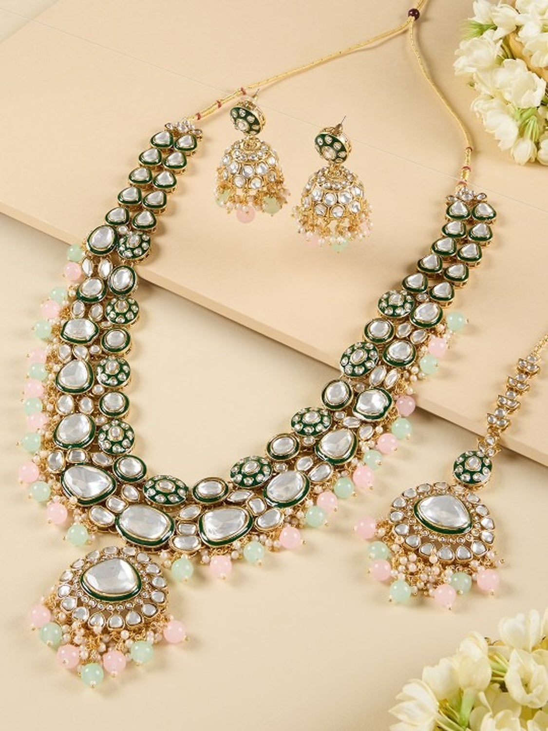 Jewel City Gold-Plated Kundan Bridal Necklace Set with Pastel Beads – Traditional Indian Wedding Jewelry for Women