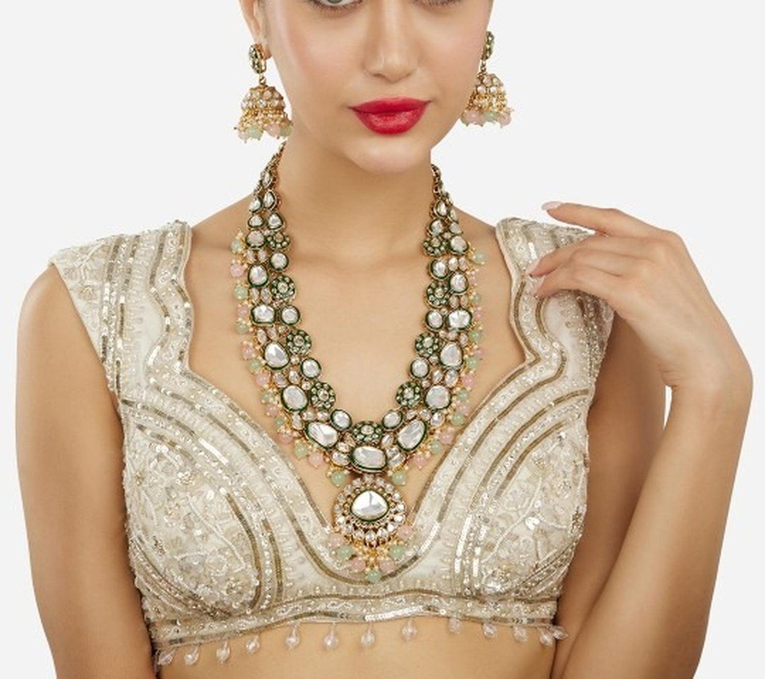 Jewel City Gold-Plated Kundan Bridal Necklace Set with Pastel Beads – Traditional Indian Wedding Jewelry for Women
