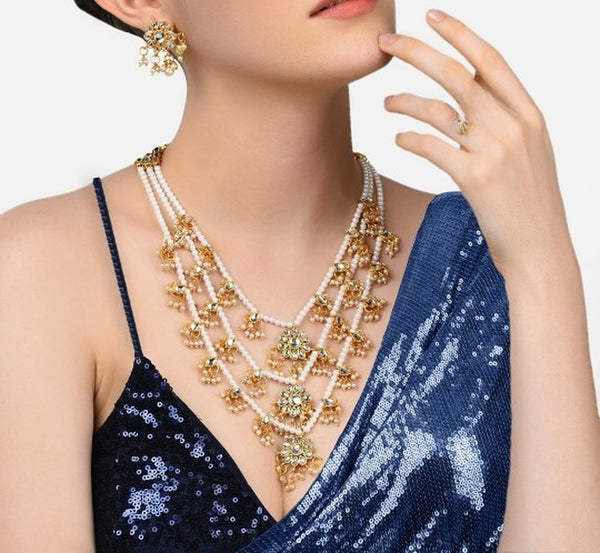 Jewel City Gold-Plated & White Kundan-Studded & Pearl Beaded Jewellery Set