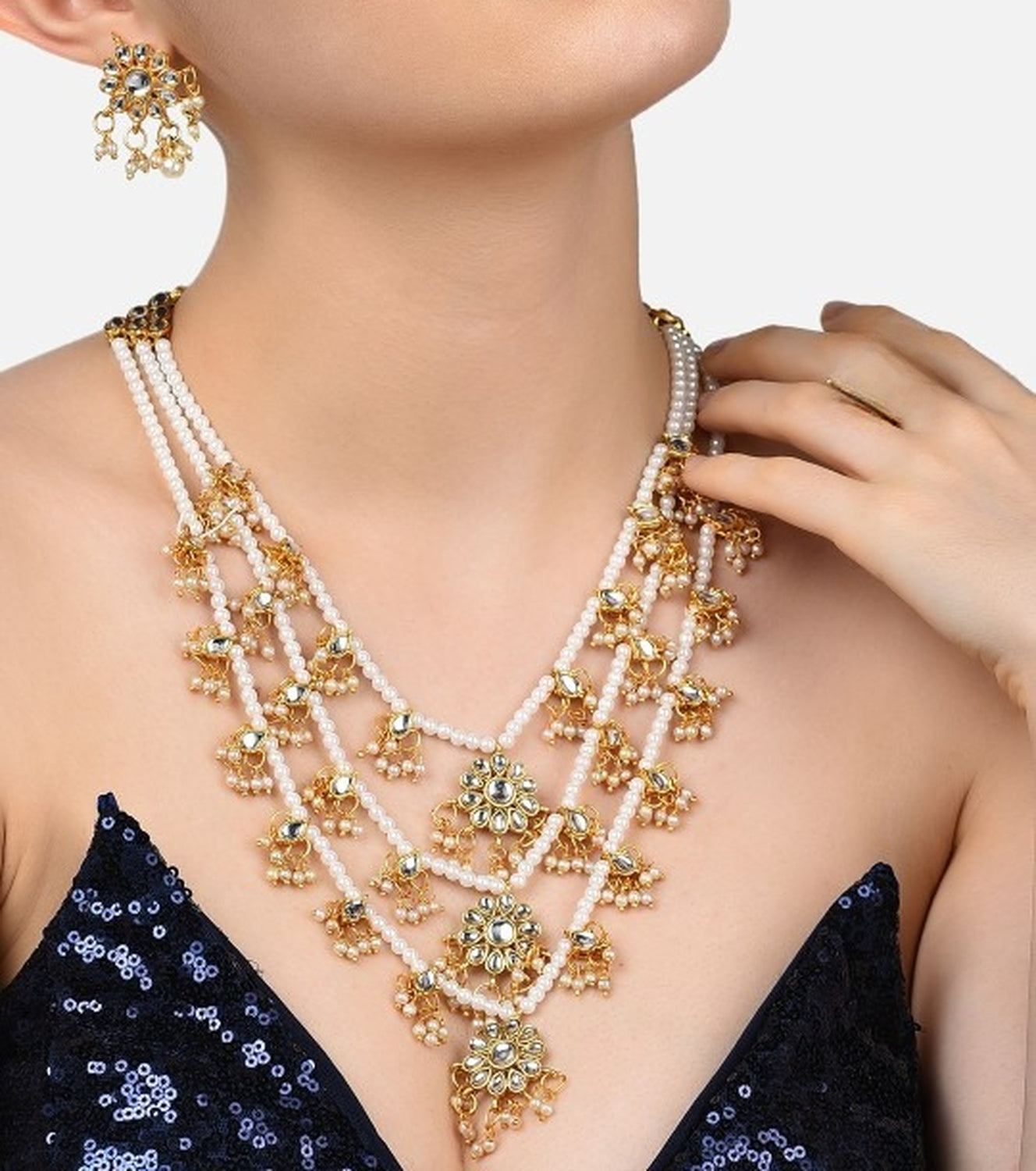 Jewel City Gold-Plated & White Kundan-Studded & Pearl Beaded Jewellery Set