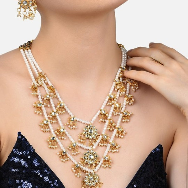 Jewel City Gold-Plated & White Kundan-Studded & Pearl Beaded Jewellery Set