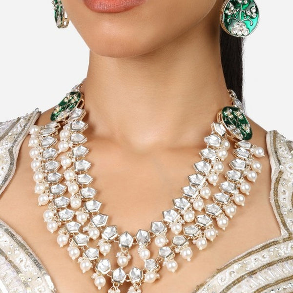 Jewel City Gold Plated Kundan Studded & Pearls Beaded Jewellery Set - Distacart