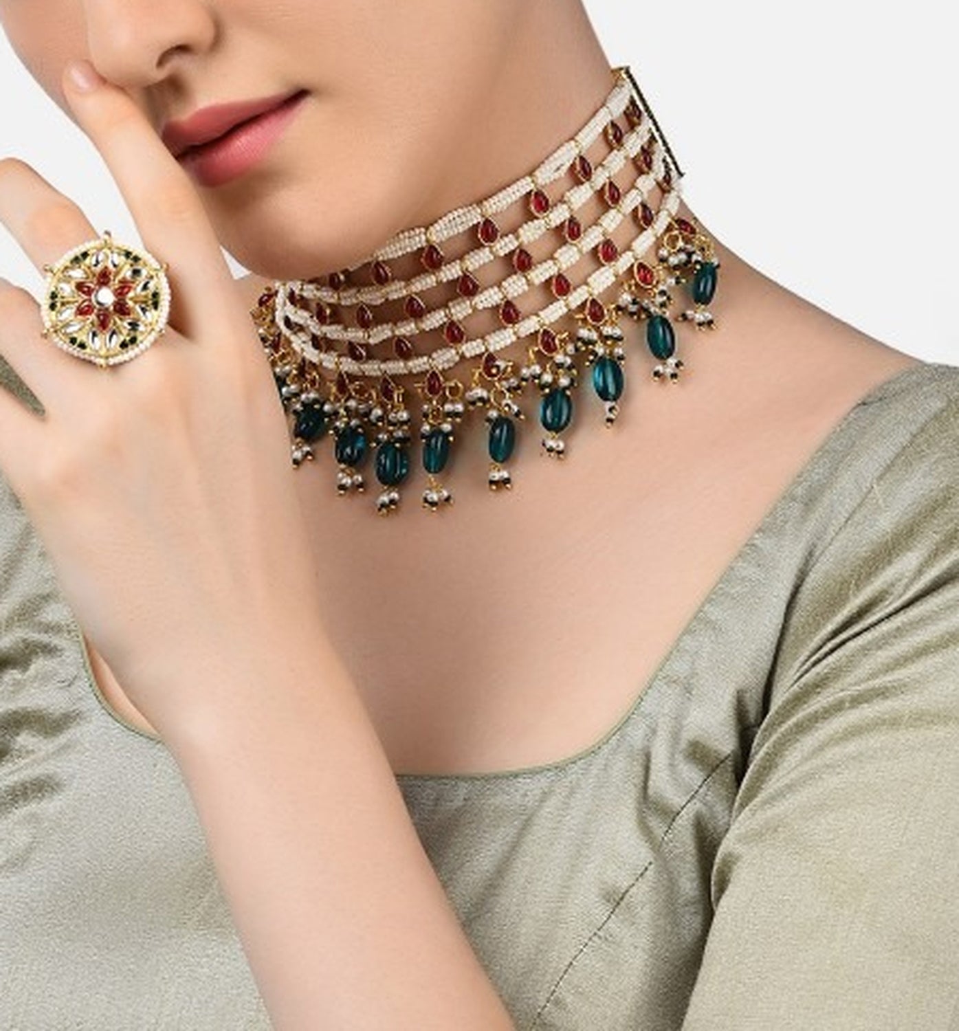 Jewel City Gold-Plated Kundan Choker Necklace Set with Green Beads & Statement Ring – Traditional Indian Jewelry for Women