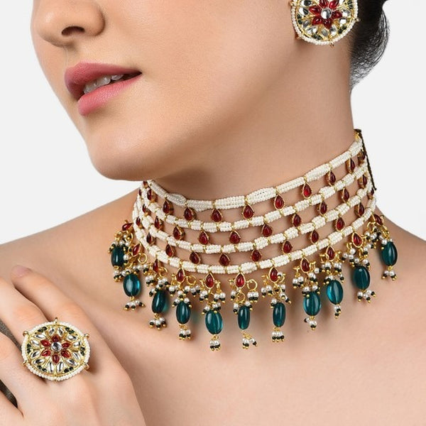 Jewel City Gold-Plated Kundan Choker Necklace Set with Green Beads & Statement Ring – Traditional Indian Jewelry for Women - Distacart