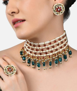 Jewel City Gold-Plated Kundan Choker Necklace Set with Green Beads & Statement Ring – Traditional Indian Jewelry for Women