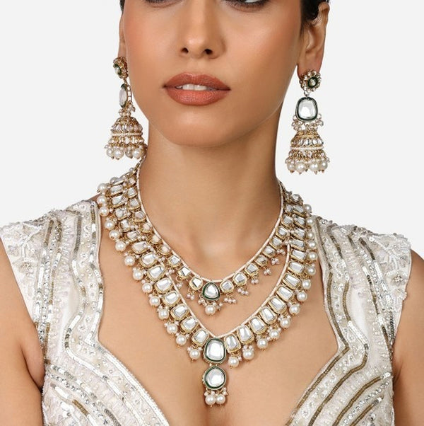 Jewel City Gold-Plated Kundan Bridal Necklace Set with Pearls & Green Stones Traditional Indian Jewelry for Weddings & Festive Wear