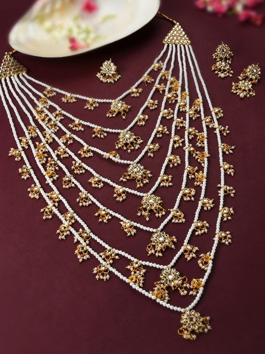 Jewel City Traditional Multi-Layer Kundan Pearl Rani Haar Set – Handcrafted Gold-Plated Indian Long Necklace with Earrings