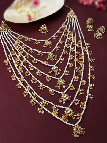 Jewel City Traditional Multi-Layer Kundan Pearl Rani Haar Set – Handcrafted Gold-Plated Indian Long Necklace with Earrings - Distacart