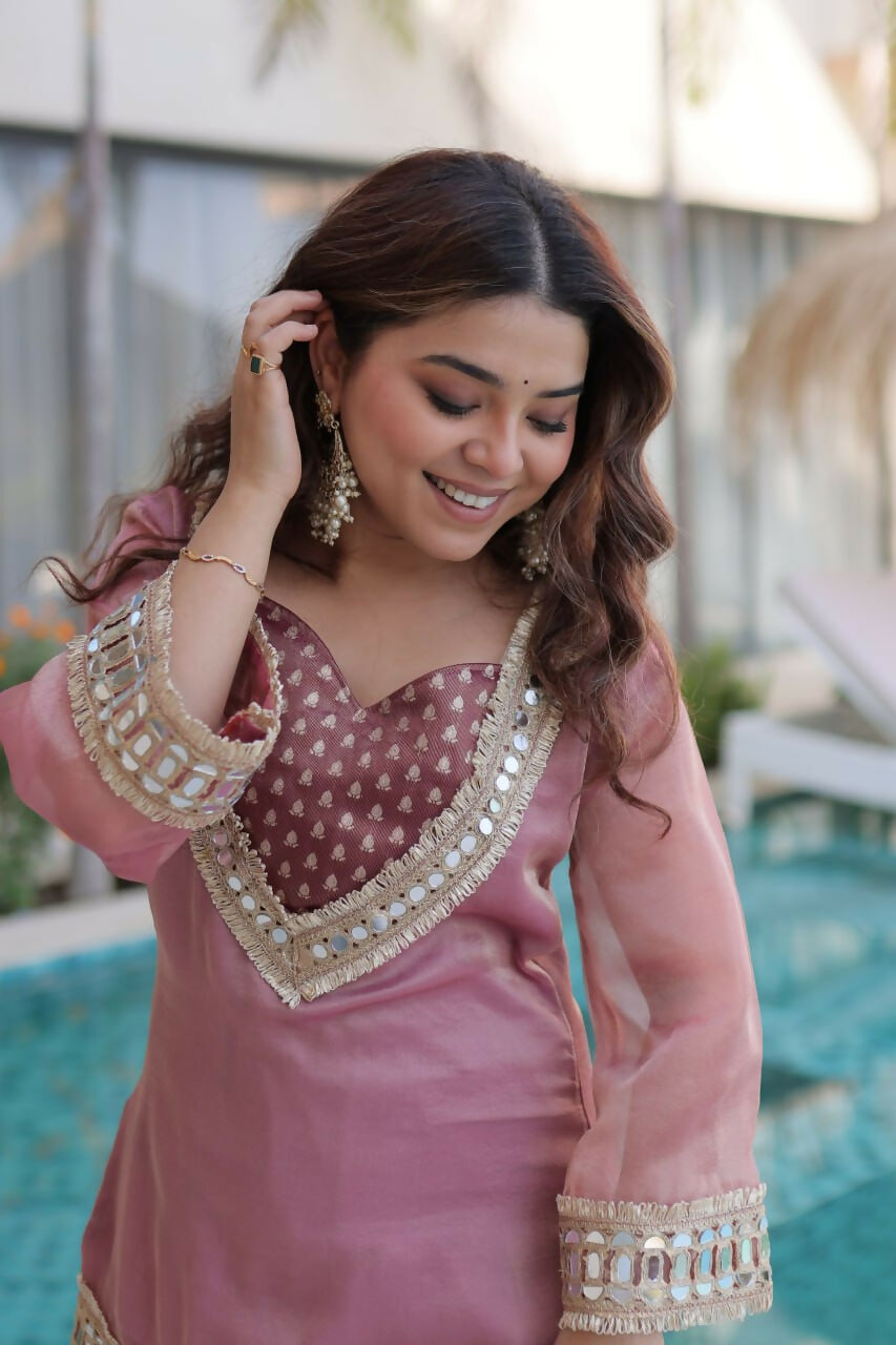 Teeya Creation Womens New Wedding Wear Peach Color Salasa Fabrics With Mirror & Lace Work Kurta Pant Set - Dista