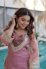 Thumbnail for Teeya Creation Womens New Wedding Wear Peach Color Salasa Fabrics With Mirror & Lace Work Kurta Pant Set - Dista