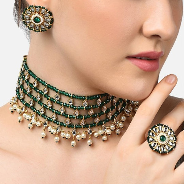 Jewel City Indian Gold-Plated & Green Alloy Gold-Plated Kundan-Studded & Beaded Jewellery Set - Distacart