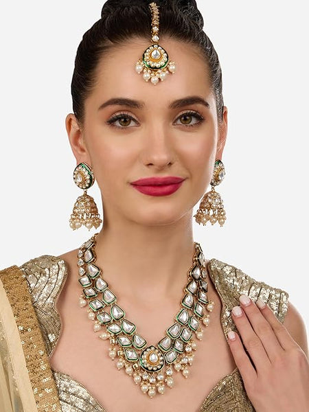 Jewel City Traditional Handcrafted Kundan Pearl Necklace Set with Jhumka Earrings and Maang Tikka – Gold-Tone Bridal Jewelry Set - Distacart