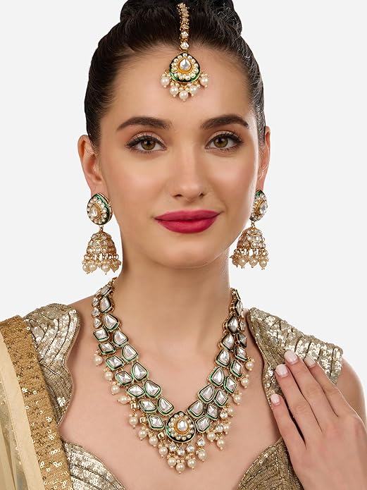 Jewel City Traditional Handcrafted Kundan Pearl Necklace Set with Jhumka Earrings and Maang Tikka – Gold-Tone Bridal Jewelry Set