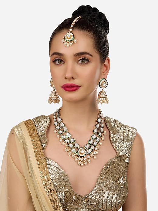 Jewel City Traditional Handcrafted Kundan Pearl Necklace Set with Jhumka Earrings and Maang Tikka – Gold-Tone Bridal Jewelry Set - Distacart