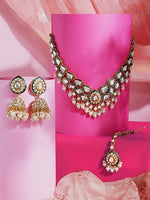 Thumbnail for Jewel City Traditional Handcrafted Kundan Pearl Necklace Set with Jhumka Earrings and Maang Tikka – Gold-Tone Bridal Jewelry Set - Distacart