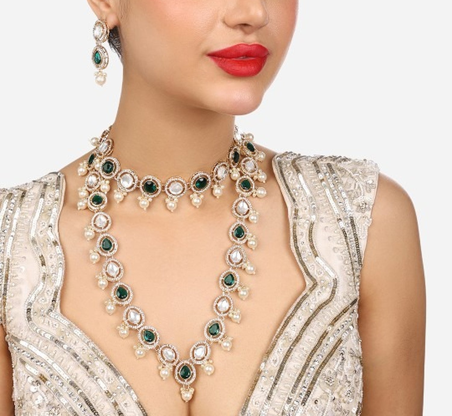 Jewel City Indian Kundan Gold-Plated Austrian Diamonds Studded & Beaded Jewellery Set