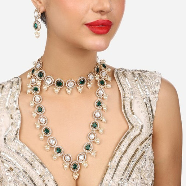 Jewel City Indian Kundan Gold-Plated Austrian Diamonds Studded & Beaded Jewellery Set